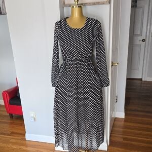Black and White Polka Dot Long Sleeve Maxi Dress
